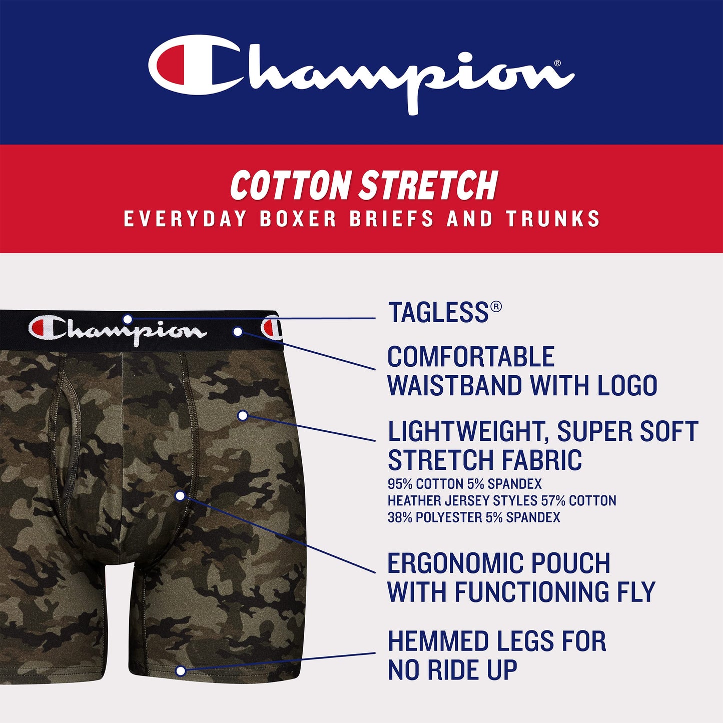 Champion Men's Everyday Cotton Stretch 5 Pack Boxer Briefs, Total Support Pouch, Moisture-Wicking, No Ride-up Fit